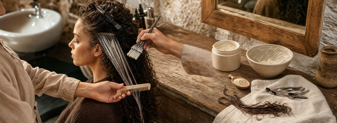 Cabeleireira aplicando tratamento proteico em uma mecha de cabelo ao lado de máscara, pincel, pente e frascos profissionais