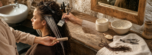 Cabeleireira aplicando tratamento proteico em uma mecha de cabelo ao lado de máscara, pincel, pente e frascos profissionais