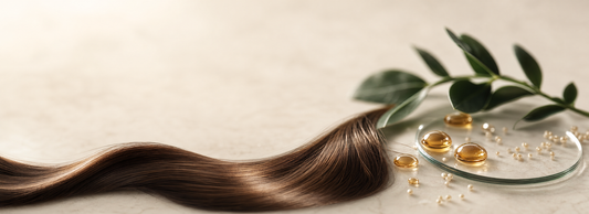 Cabelo liso e brilhante ao lado de produtos capilares Make Beauty sobre fundo claro