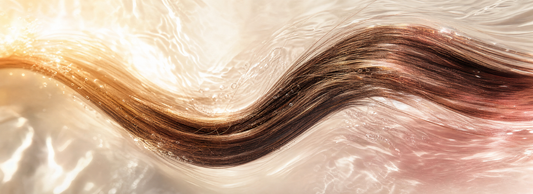 Cabelo longo e brilhante ao lado de produtos para reparação capilar