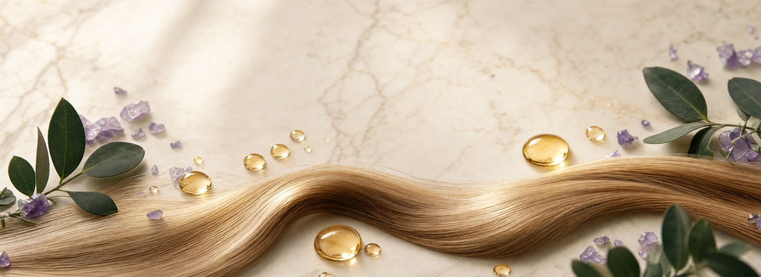 Cabelo liso e brilhante ao lado de produtos profissionais de tratamento capilar