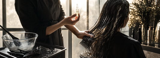 Ampola capilar ao lado de máscara, pente e mechas de cabelo sobre uma bancada limpa de salão de beleza