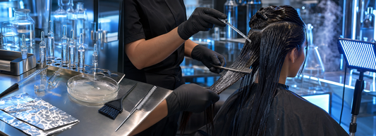 Ampola capilar ao lado de máscara de tratamento, pente e mechas de cabelo sobre uma bancada clara de salão