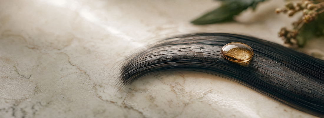 Cabelo liso e brilhante ao lado de produtos profissionais de tratamento capilar