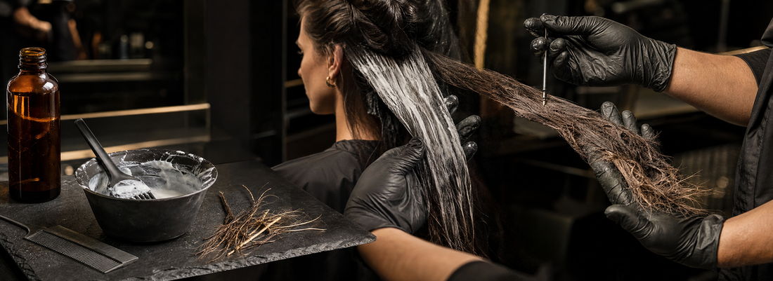 Profissional de salão avaliando uma mecha de cabelo ao lado de tigelas, pincel, luvas e produtos de tratamento capilar