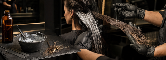 Profissional de salão avaliando uma mecha de cabelo ao lado de tigelas, pincel, luvas e produtos de tratamento capilar