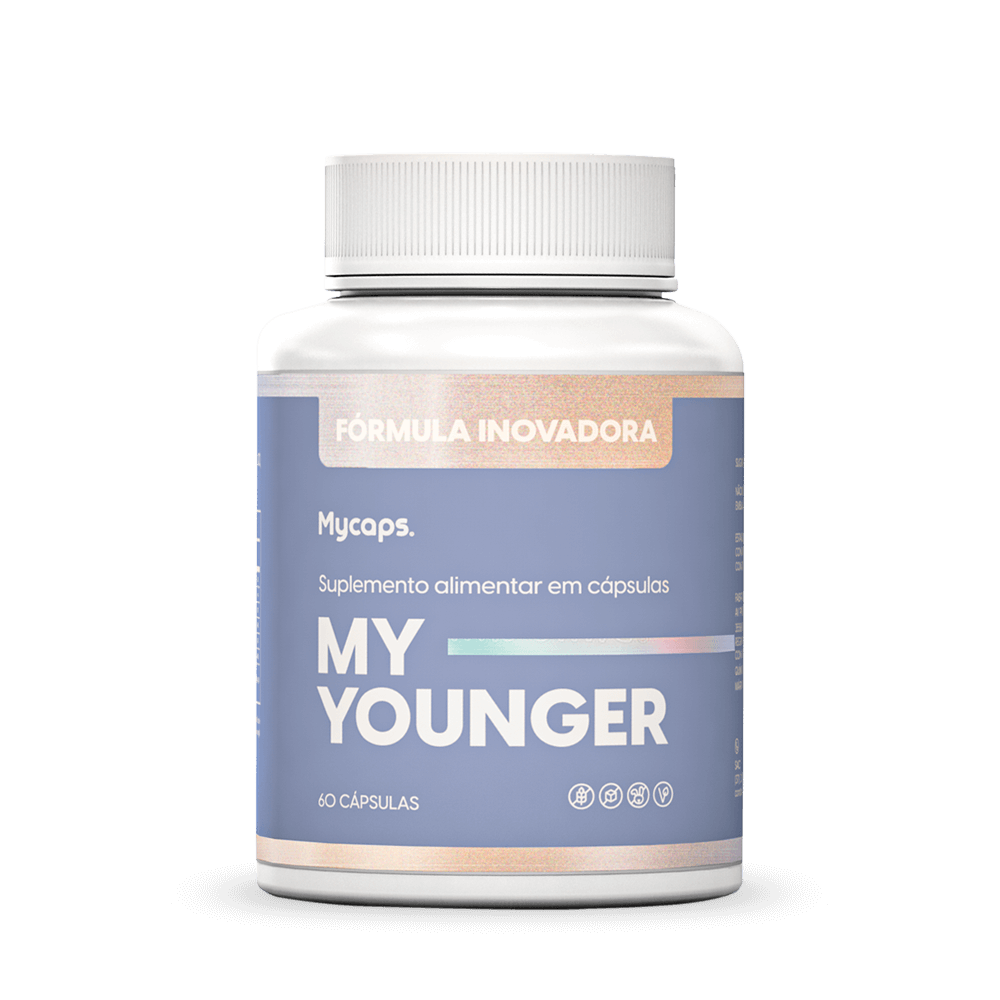 Detalhe de um frasco My Younger de 60 cápsulas, integrante do kit de seis